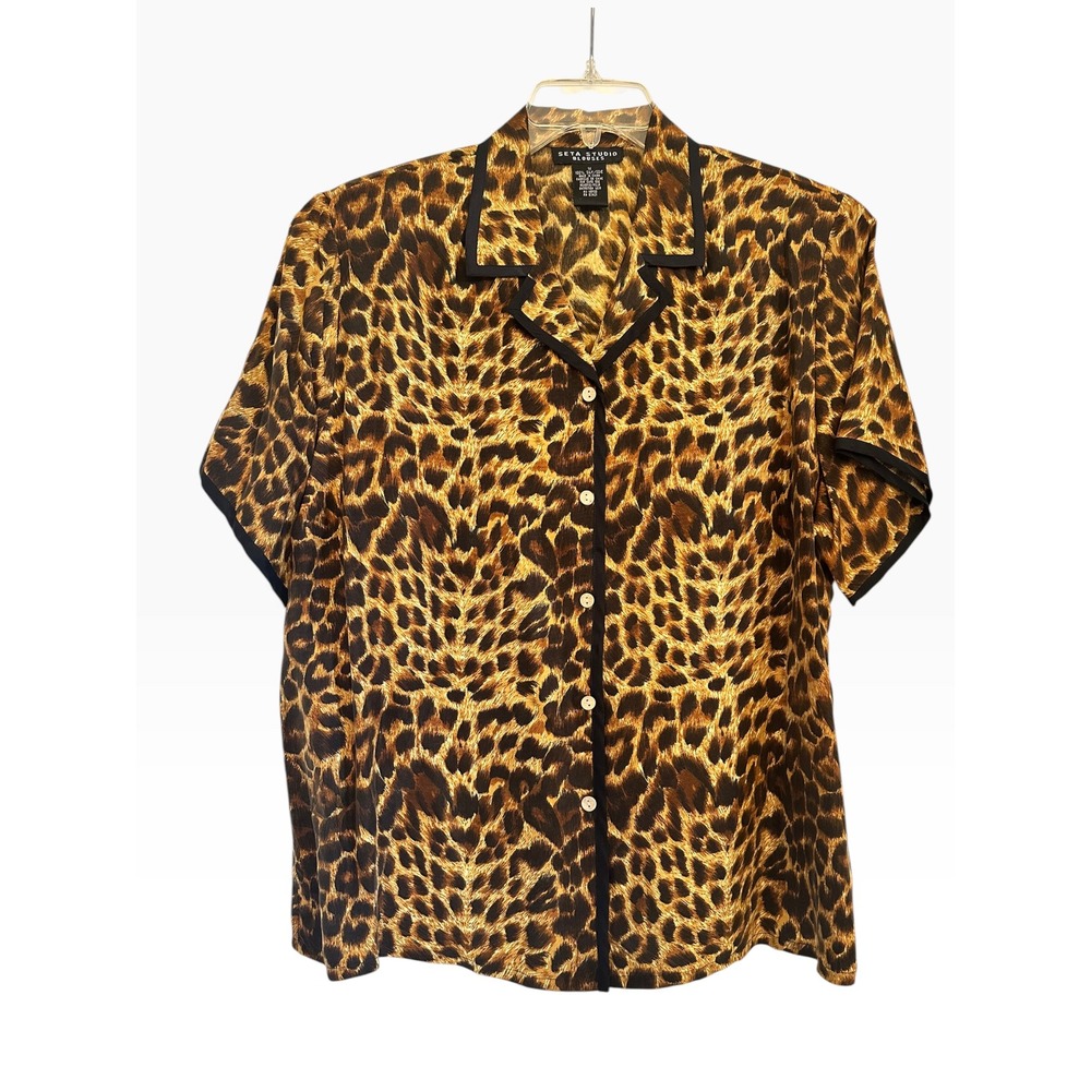 Seta Studio 100% Silk Leopard Animal Print Blouse 80s Camp Collar Top Sz 1X